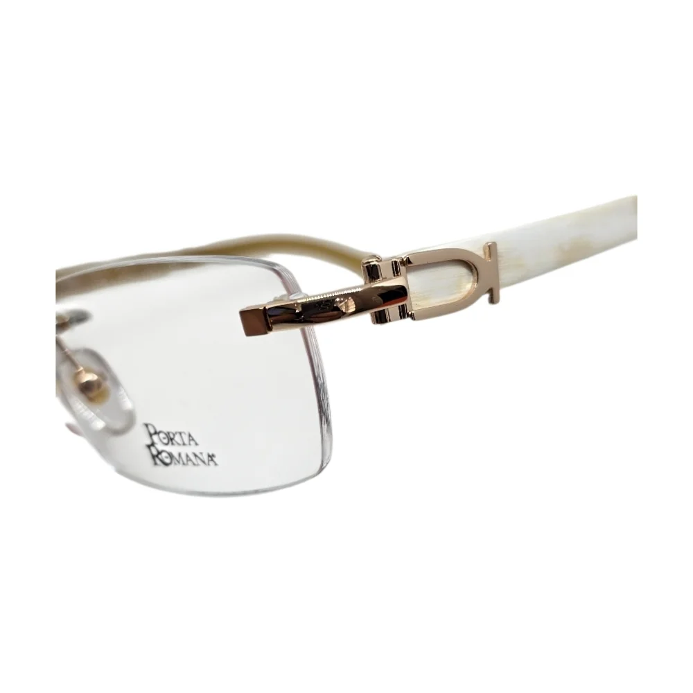 Porta Romana Rimless Glasses with Bold Orange Case in WHITE BUFFALO HORN